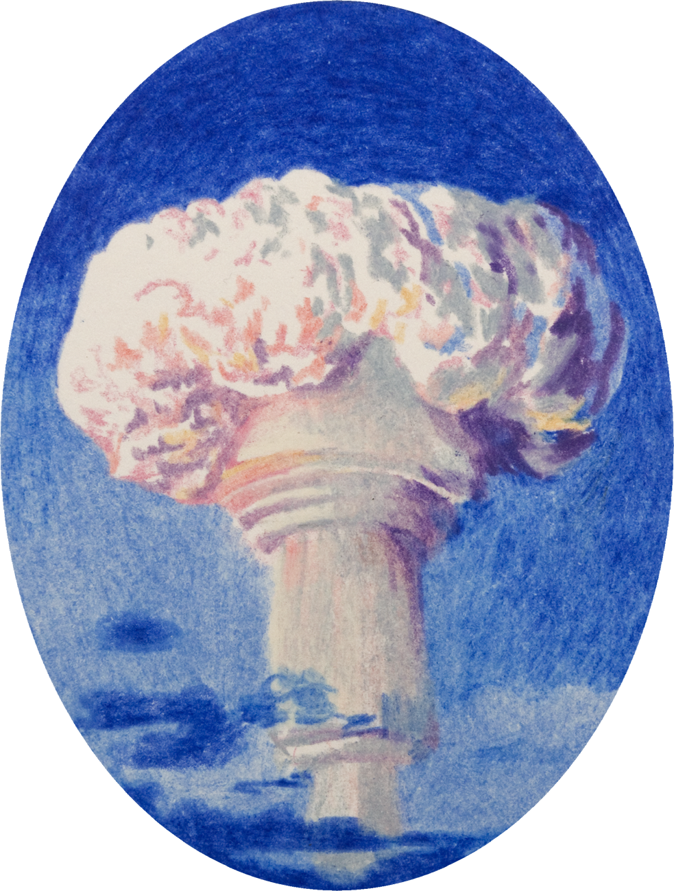 colour pencil drawing on oval paper by Vivid Crimes, from drawing series Catastrophes