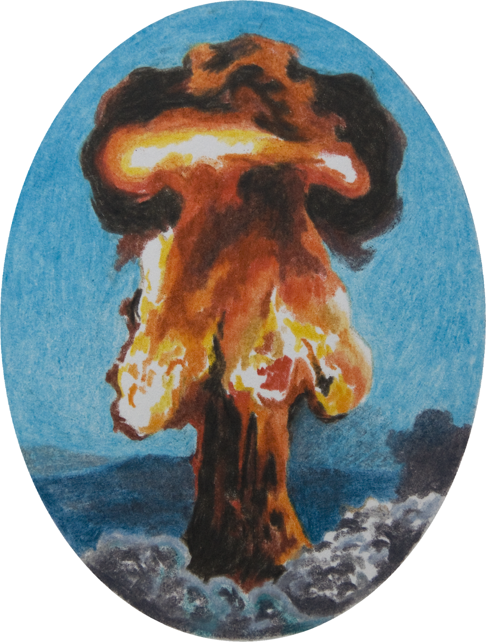 colour pencil drawing on oval paper by Vivid Crimes, from drawing series Catastrophes