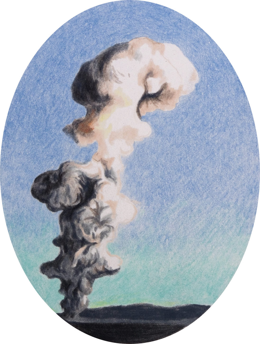 colour pencil drawing on oval paper by Vivid Crimes, from drawing series Catastrophes