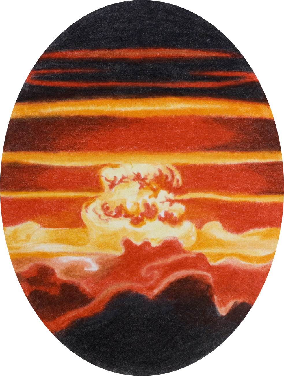 colour pencil drawing on oval paper by Vivid Crimes, from drawing series Catastrophes