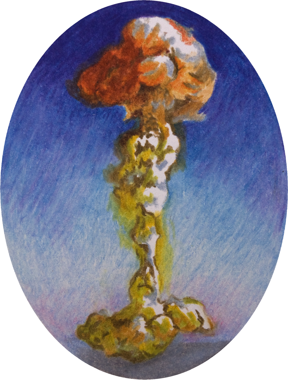 colour pencil drawing on oval paper by Vivid Crimes, from drawing series Catastrophes