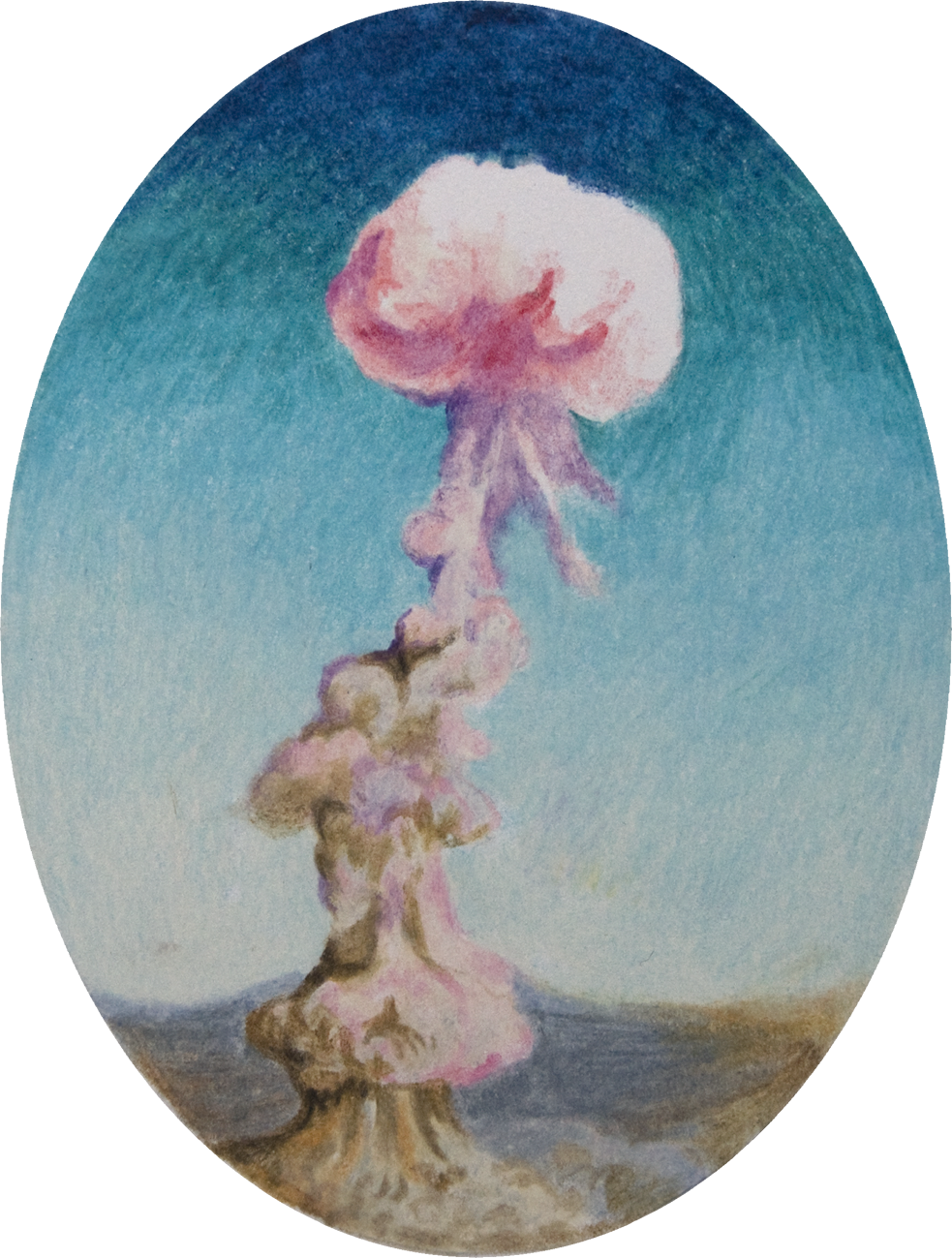 colour pencil drawing on oval paper by Vivid Crimes, from drawing series Catastrophes