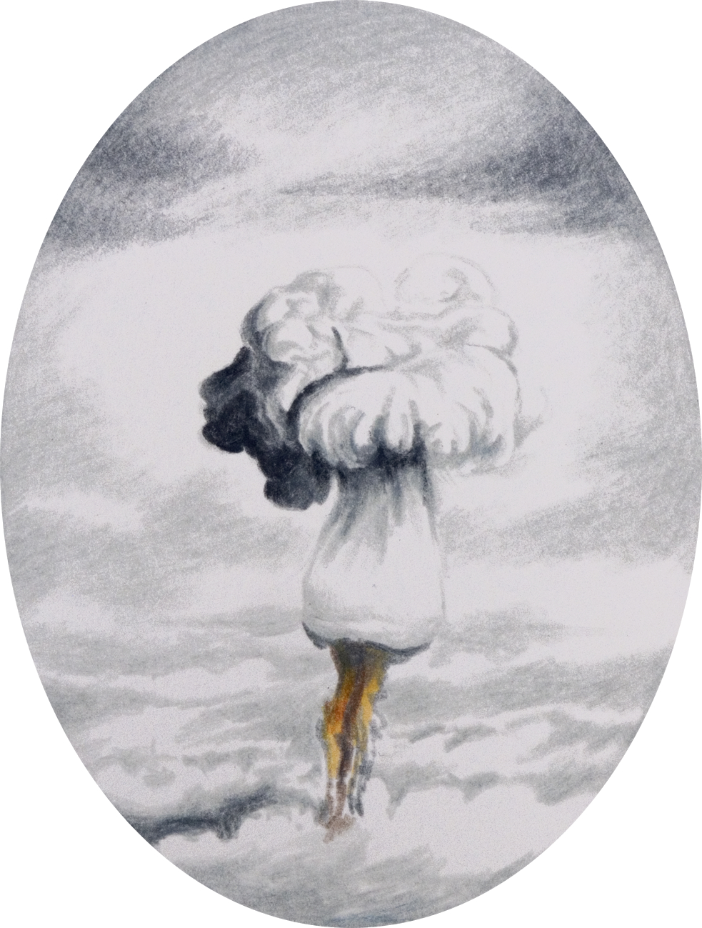 colour pencil drawing on oval paper by Vivid Crimes, from drawing series Catastrophes
