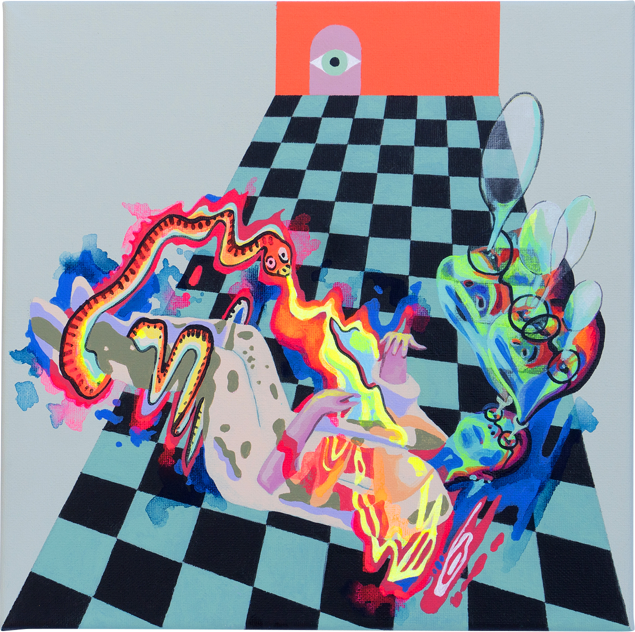 acrylic painting on cotton by Vivid Crimes, titled The Crossing of The First Threshold from painting series Shards of Sense