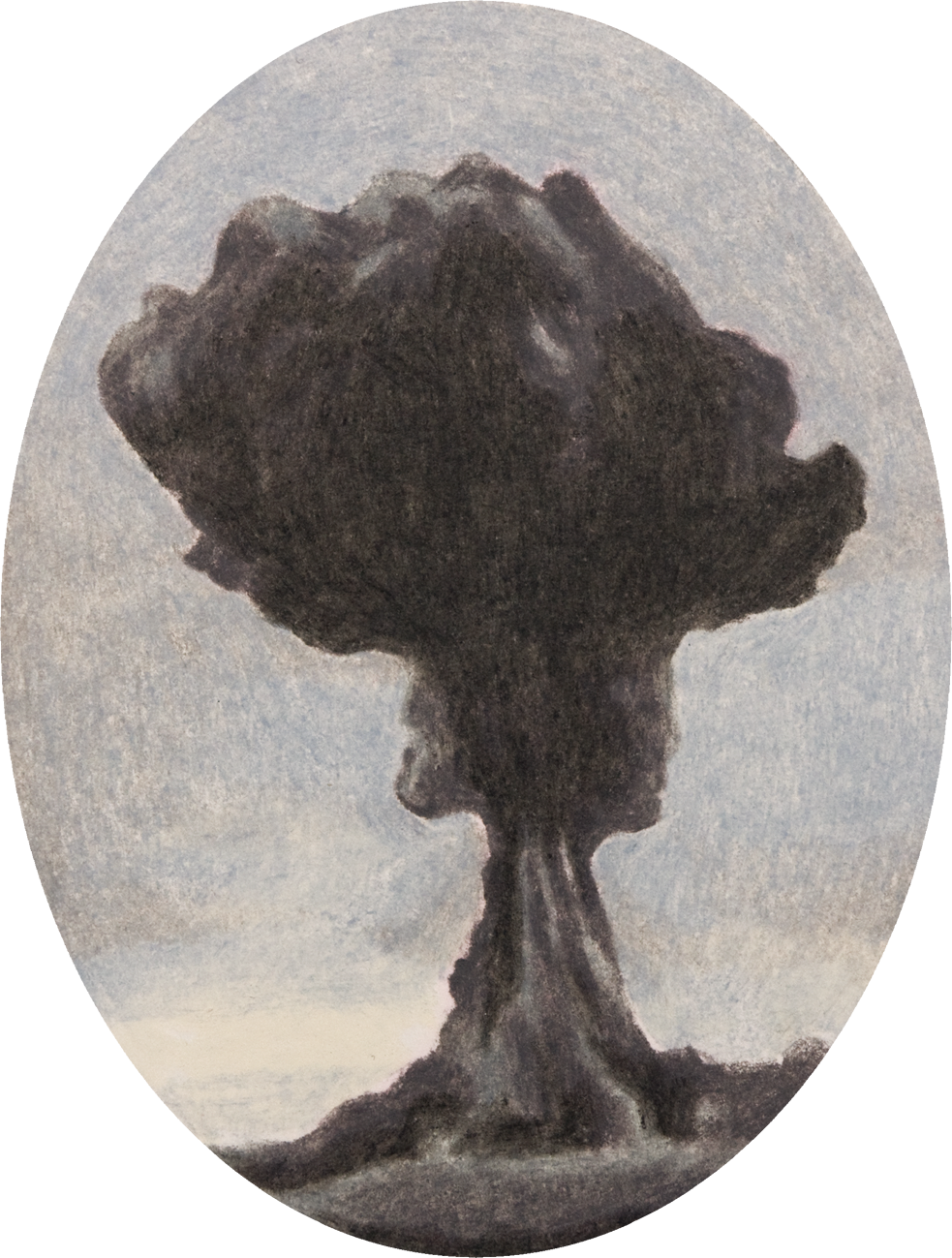 colour pencil drawing on oval paper by Vivid Crimes, from drawing series Catastrophes