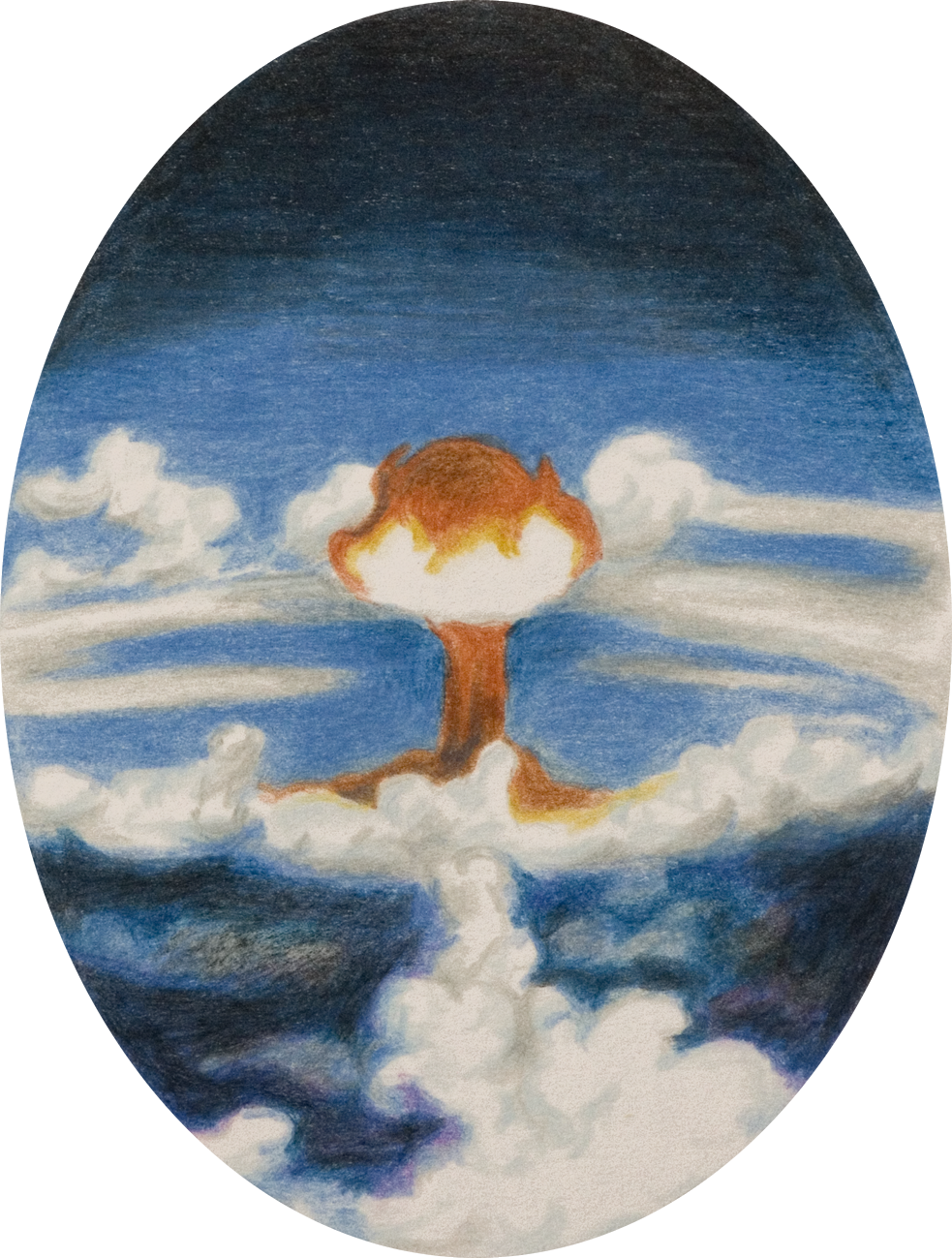 colour pencil drawing on oval paper by Vivid Crimes, from drawing series Catastrophes