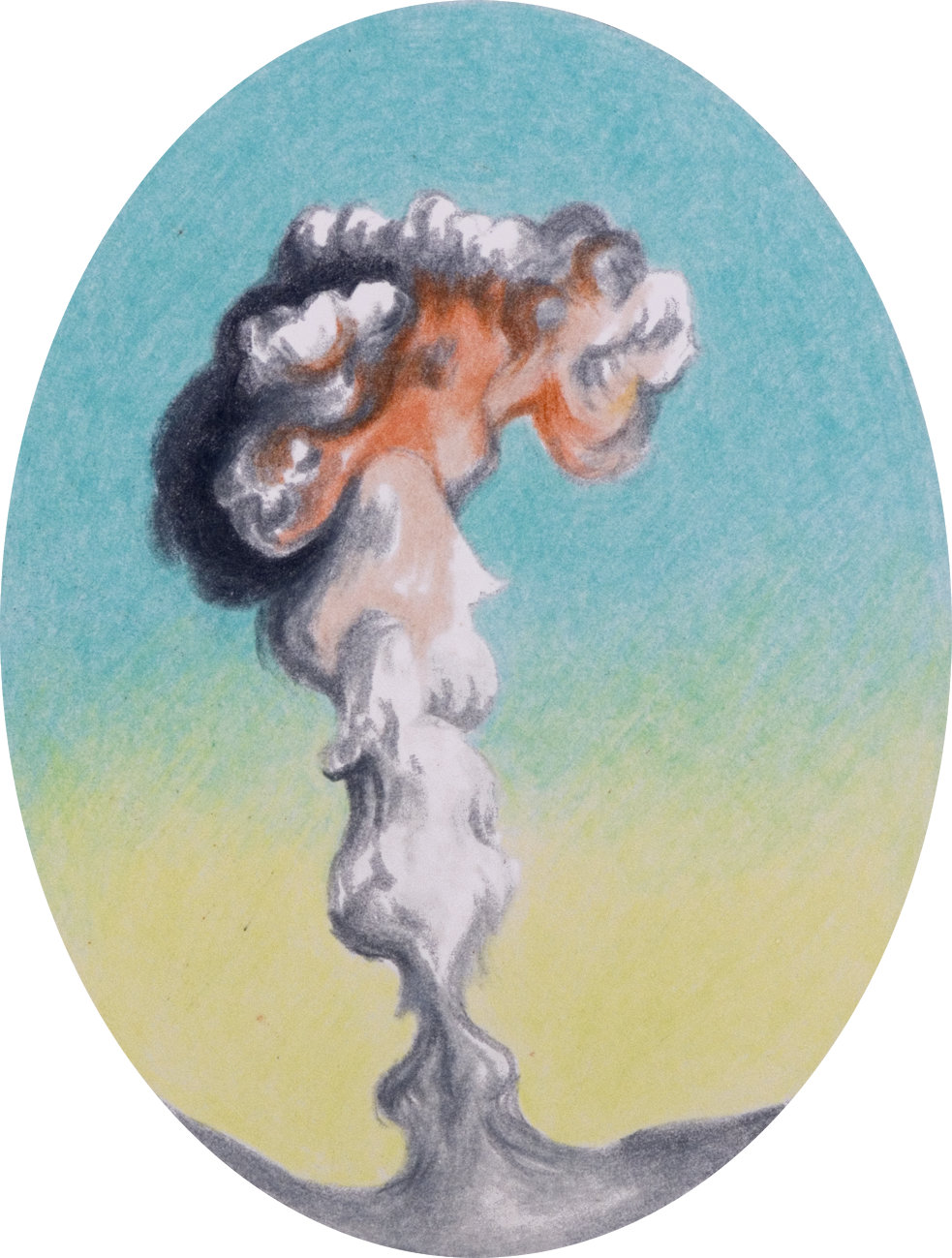 colour pencil drawing on oval paper by Vivid Crimes, from drawing series Catastrophes