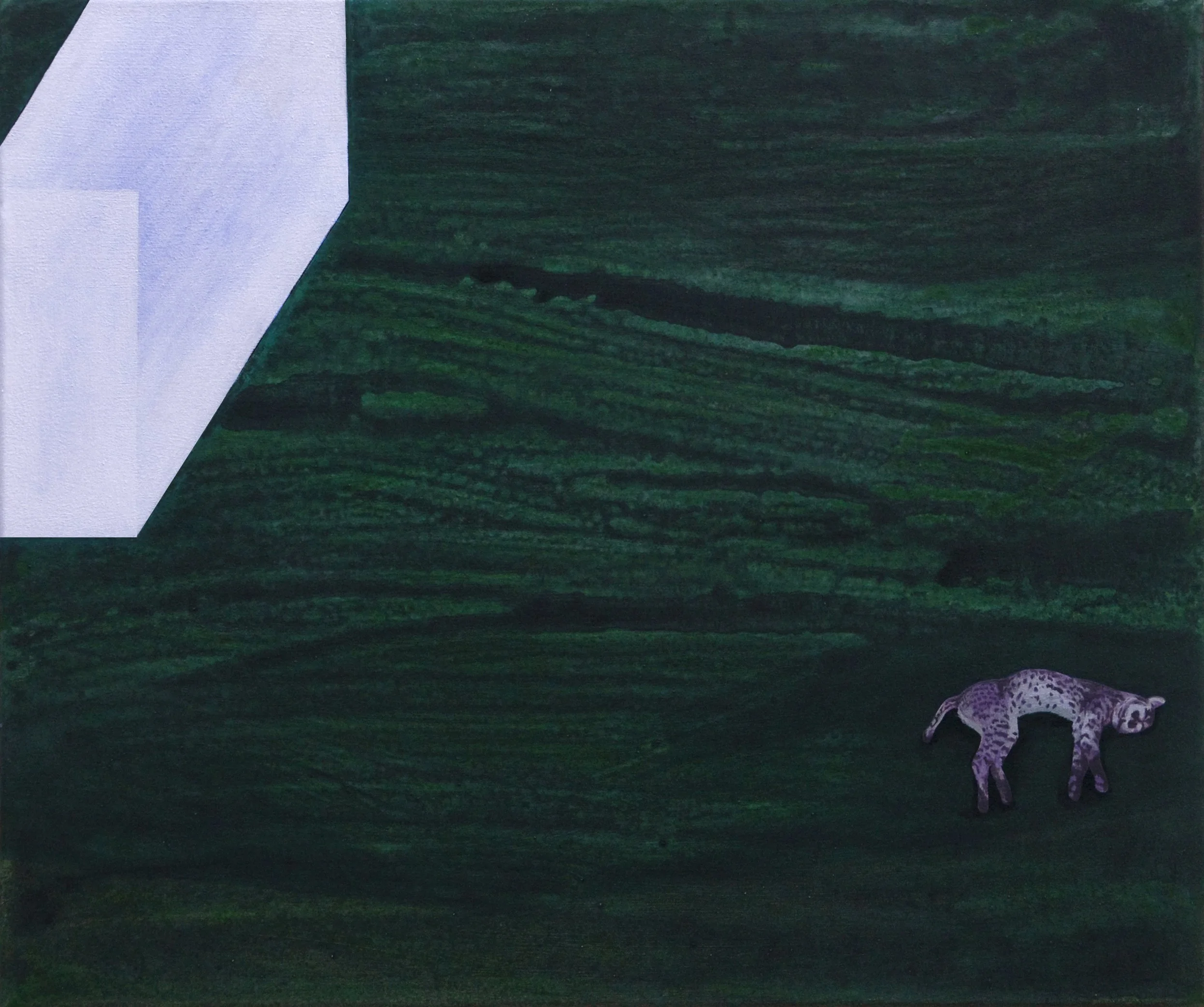 acrylic painting on cotton by Vivid Crimes, titled Dead Lynx and Mysterious Ice Cuboid from painting series Fairy Tales