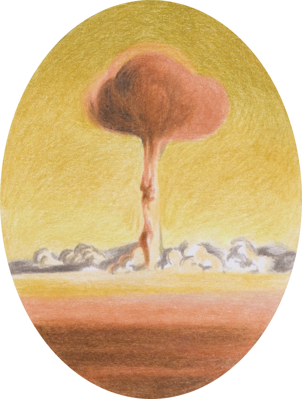 colour pencil drawing on oval paper by Vivid Crimes, from drawing series Catastrophes