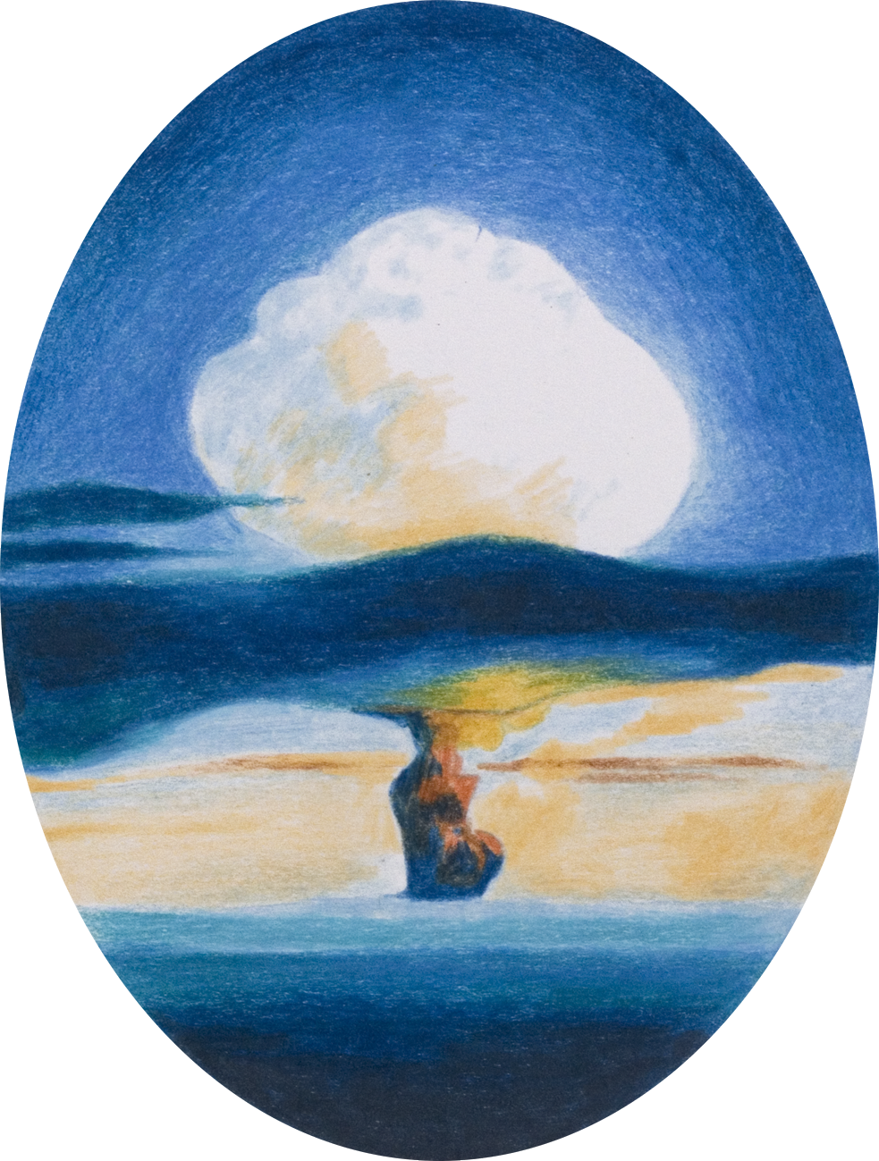 colour pencil drawing on oval paper by Vivid Crimes, from drawing series Catastrophes
