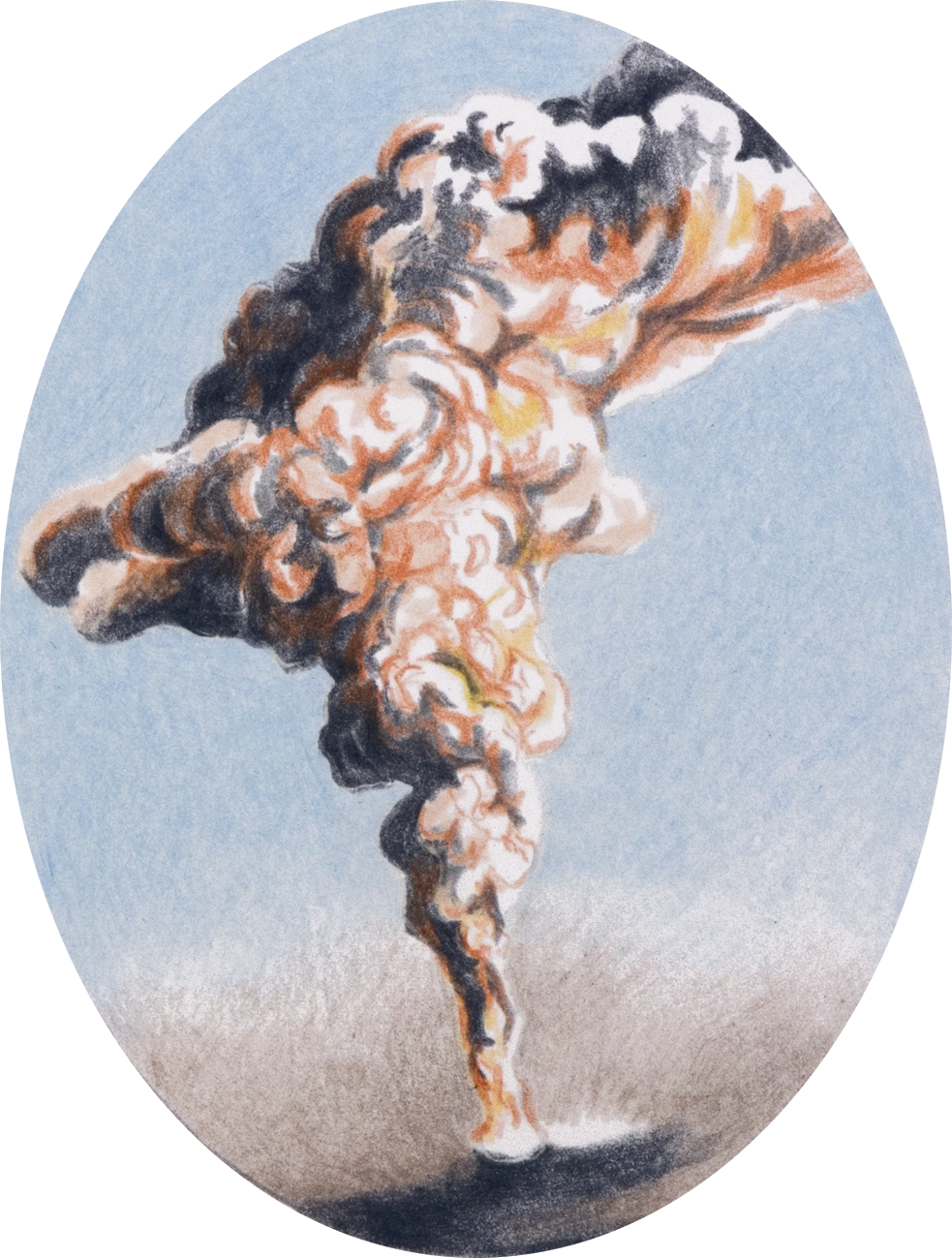 colour pencil drawing on oval paper by Vivid Crimes, from drawing series Catastrophes