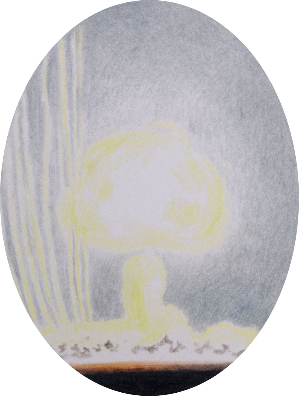 colour pencil drawing on oval paper by Vivid Crimes, from drawing series Catastrophes