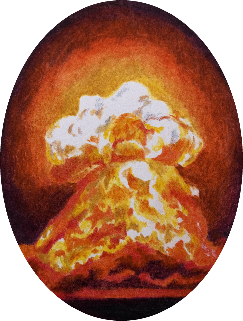 colour pencil drawing on oval paper by Vivid Crimes, from drawing series Catastrophes