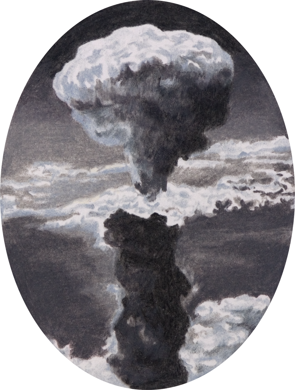 colour pencil drawing on oval paper by Vivid Crimes, from drawing series Catastrophes