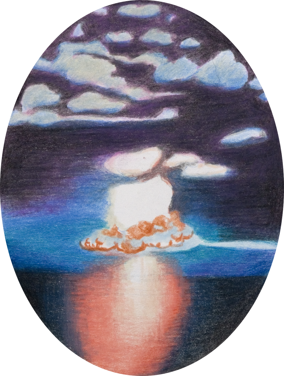 colour pencil drawing on oval paper by Vivid Crimes, from drawing series Catastrophes