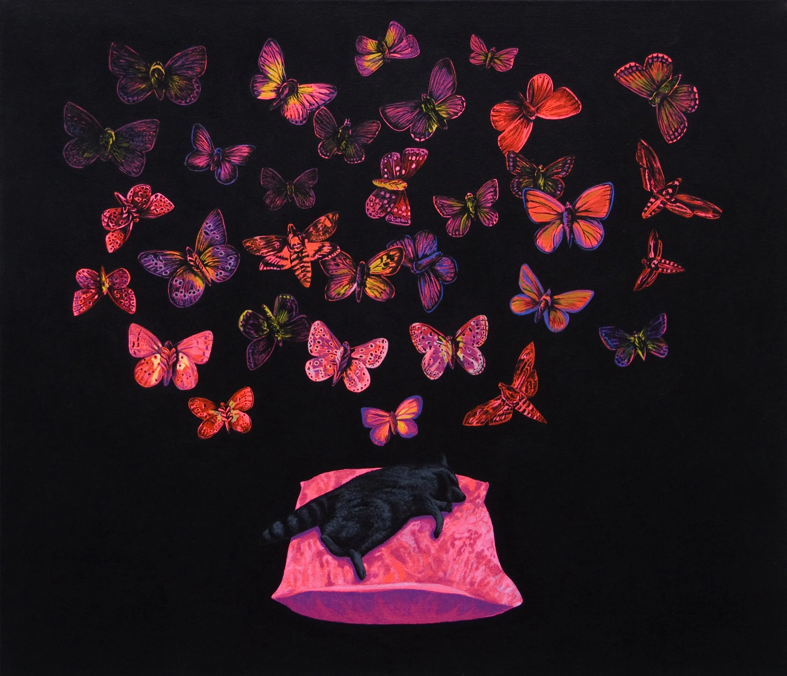 acrylic painting on cotton by Vivid Crimes, titled Raccoon's Dream from painting series Fairy Tales