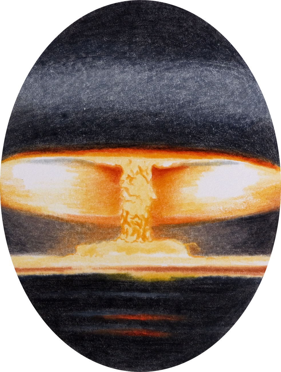 colour pencil drawing on oval paper by Vivid Crimes, from drawing series Catastrophes