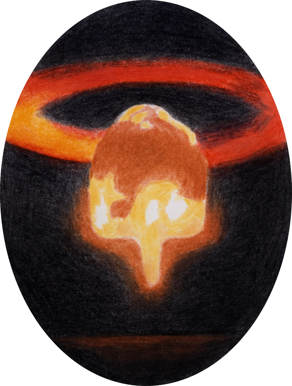 colour pencil drawing on oval paper by Vivid Crimes, from drawing series Catastrophes