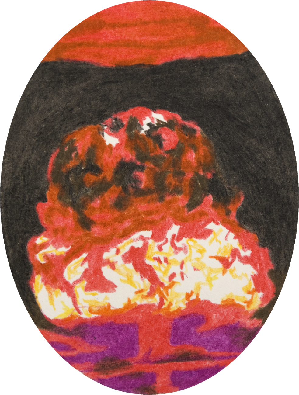 colour pencil drawing on oval paper by Vivid Crimes, from drawing series Catastrophes