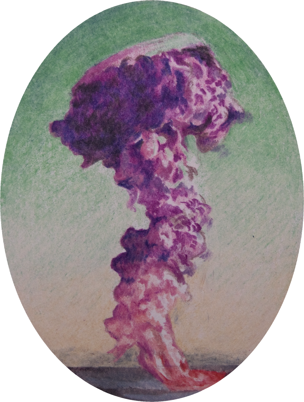 colour pencil drawing on oval paper by Vivid Crimes, from drawing series Catastrophes