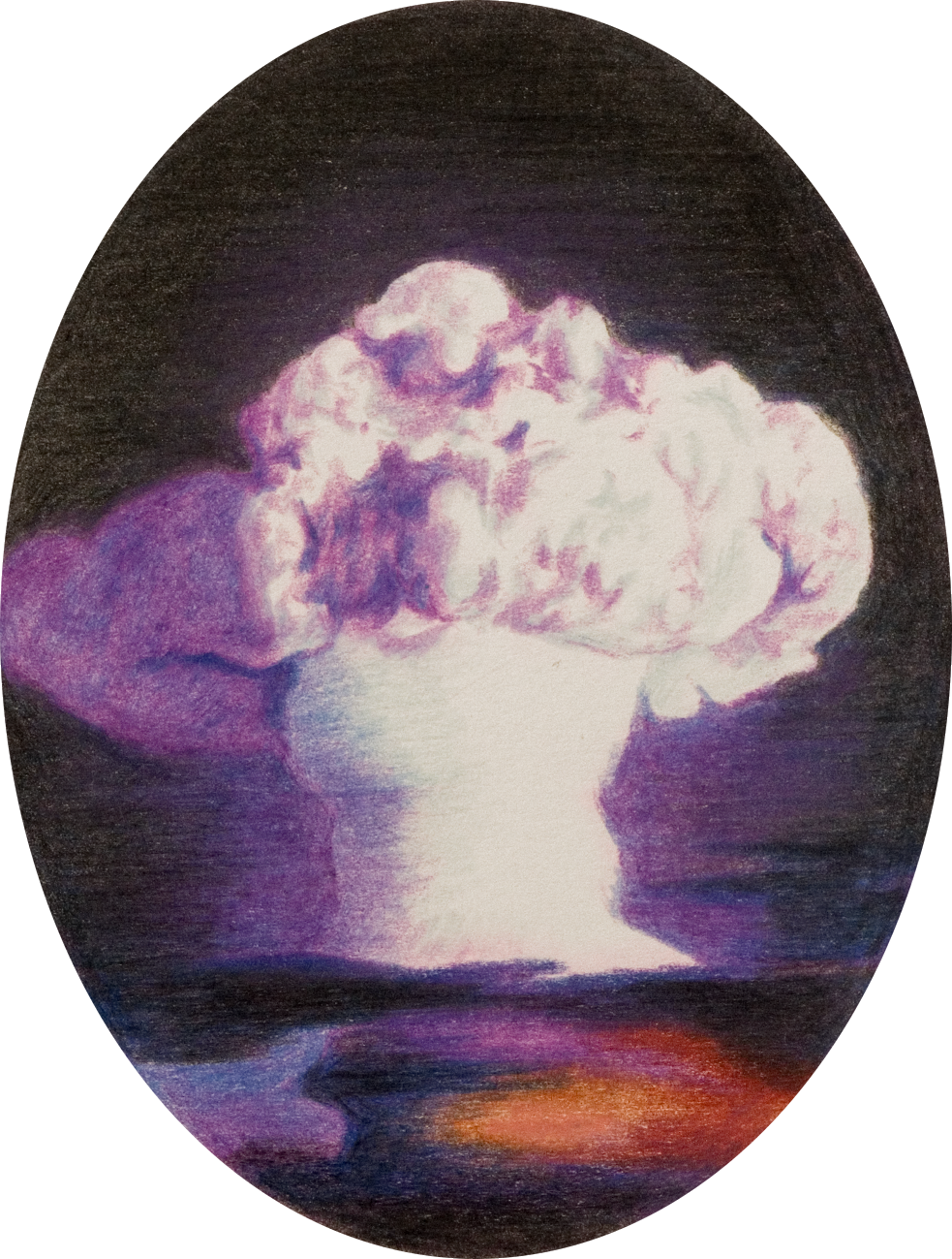 colour pencil drawing on oval paper by Vivid Crimes, from drawing series Catastrophes