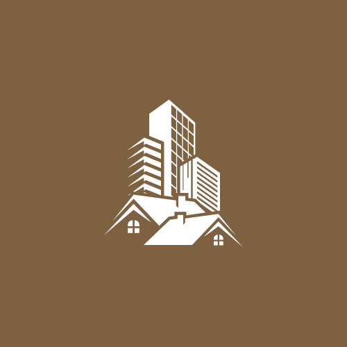 Graphic of a city skyline emerging from the rooftops of suburban houses, on a brown background.