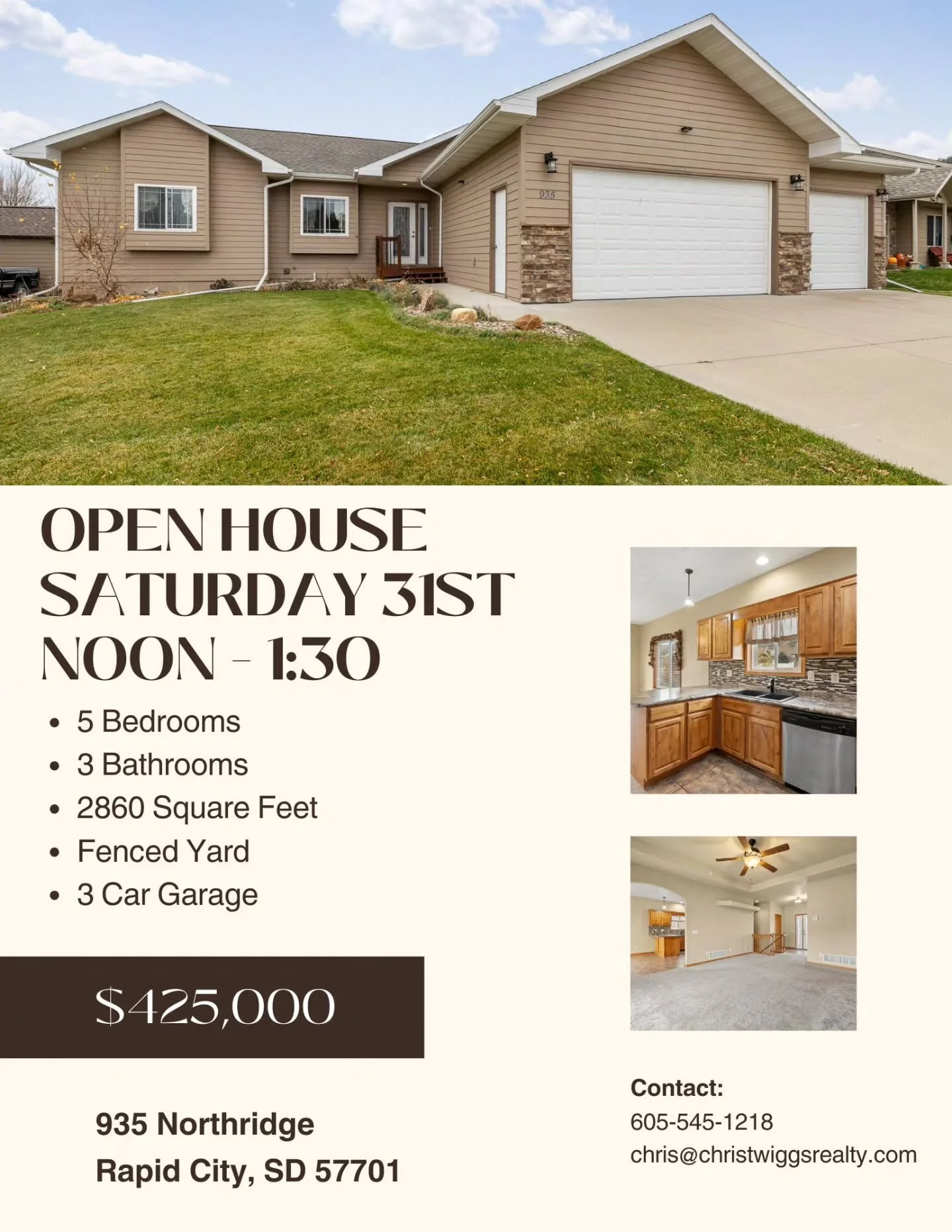 🏡 OPEN HOUSE ALERT! 🏡

Join us this Saturday, the 31st, from NOON to 1:30 PM at 935 Northridge, Rapid City, SD!
Discover this beautiful move-in-ready home boasting:

&bull; 5 spacious bedrooms
&bull; 3 full bathrooms
&bull; 2,860 sq ft of living sp