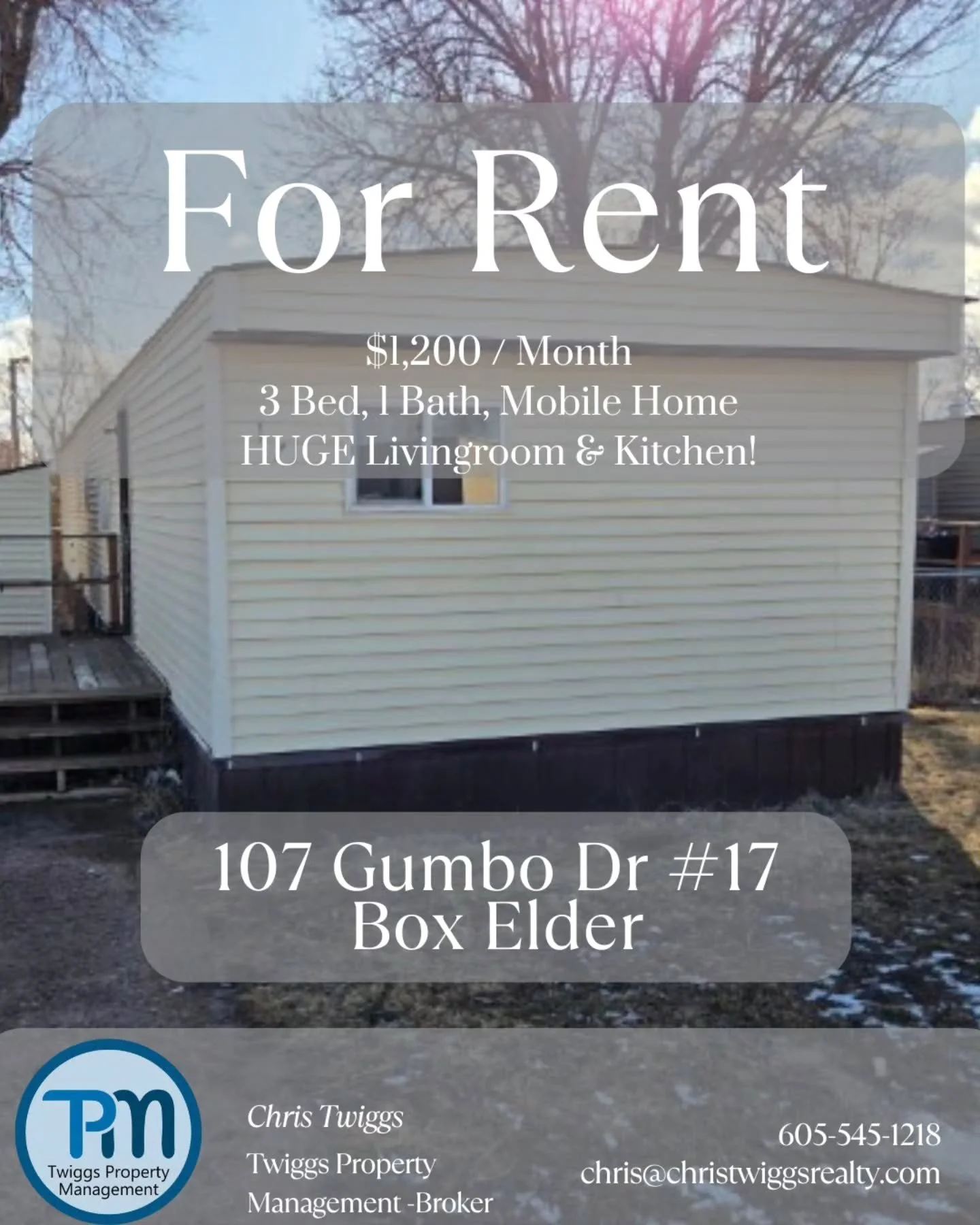 Spacious 3-Bedroom Mobile Home with HUGE Living Room &amp; Kitchen in Box Elder! 🏡✨

Check out this fantastic larger mobile home at 107 Gumbo Dr #17, Box Elder!

3 Bedrooms, 1 Bath &ndash; Extra space for everyone

HUGE Living Room &amp; Kitchen &nd
