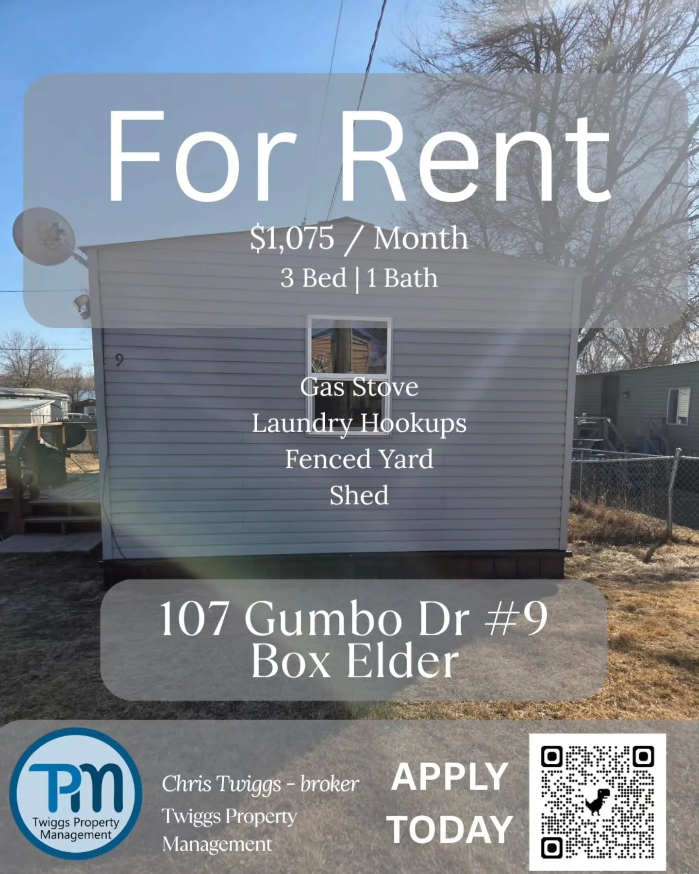 🏡 Cozy 3-Bedroom Mobile Home Ready for You in Box Elder! 🏡

Looking for affordable, comfortable living? Check out this charming 3 bed | 1 bath home at 107 Gumbo Dr #9, Box Elder!

✨ $1,075 / Month
✨ Gas stove for easy cooking
✨ Laundry hookups
✨ Fe
