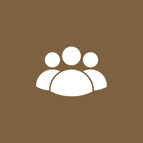 Icon of three white stylized people on a brown background.