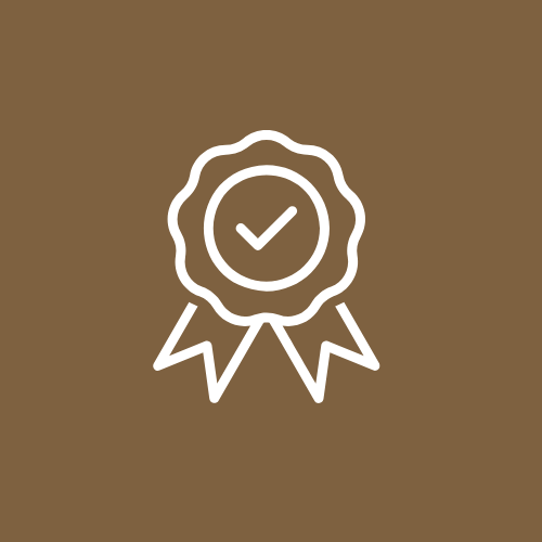 White award ribbon icon with a checkmark on a brown background.