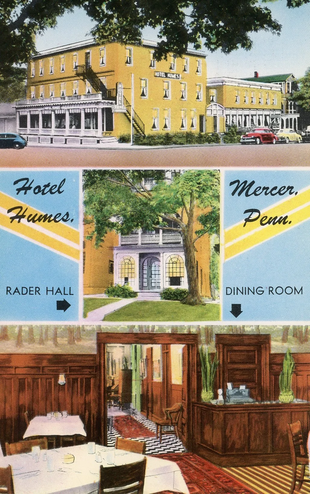 A vintage brochure or sign showcasing a hotel named Hotel Humes in Mercer, Pennsylvania. It features three illustrations: the hotel building exterior, the hotel entrance, and a dining room interior with wooden paneling and a large window.