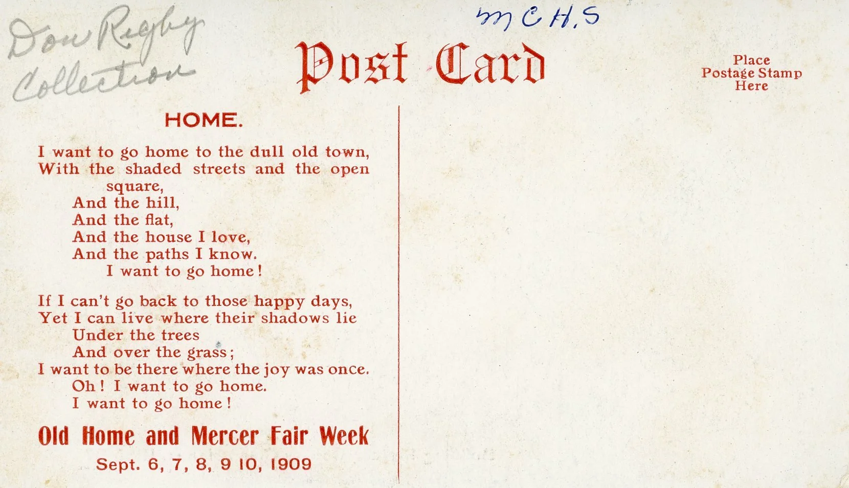 The back of a vintage postcard featuring a poem titled "HOME" in red text, with handwritten notes in the top left and top right corners, and an advertisement for Old Home and Mercer Fair Week from September 6-10, 1909.