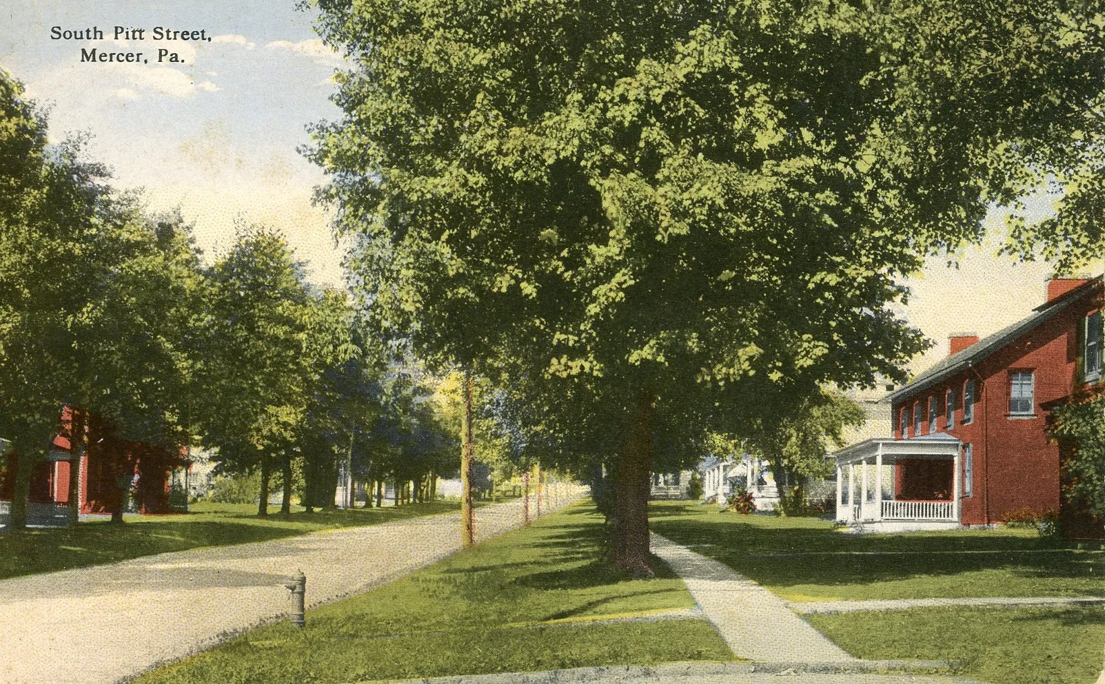 A vintage postcard of South Pitt Street in Mercer, Pennsylvania, featuring a tree-lined street with residential houses and sidewalks.