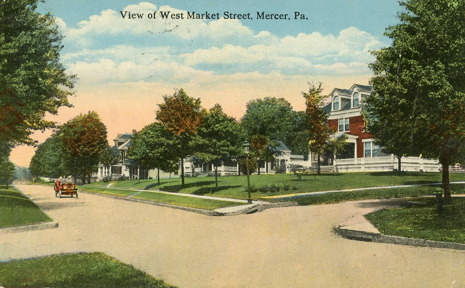 Colorized vintage illustration of a suburban neighborhood street scene with a horse-drawn carriage, trees, green lawn, sidewalk, and large houses with porches and multiple stories, under a partly cloudy sky. Text at the top reads "View of West Market