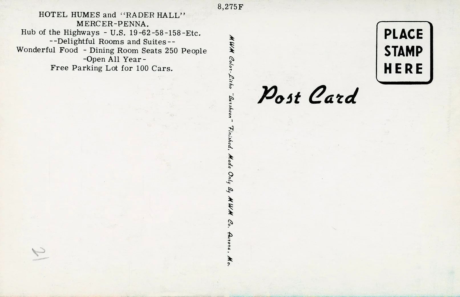 A vintage postcard with text promoting a hotel and restaurant located near the highway, offering rooms, food, and parking. The right side has a placeholder for a postage stamp and space for a mailing address.