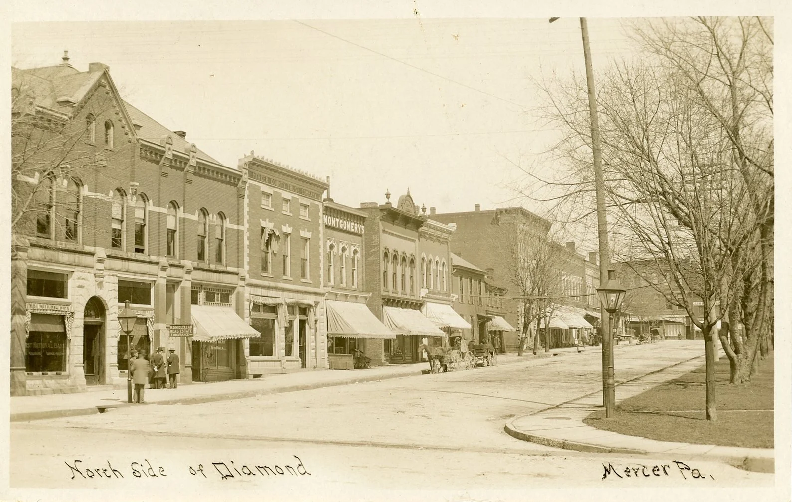 Black and white photograph of the north side of Diamond Street in Mercer, Pennsylvania, showing historic storefronts with awnings, trees, a lamp post, and horse-drawn carriages on the street.