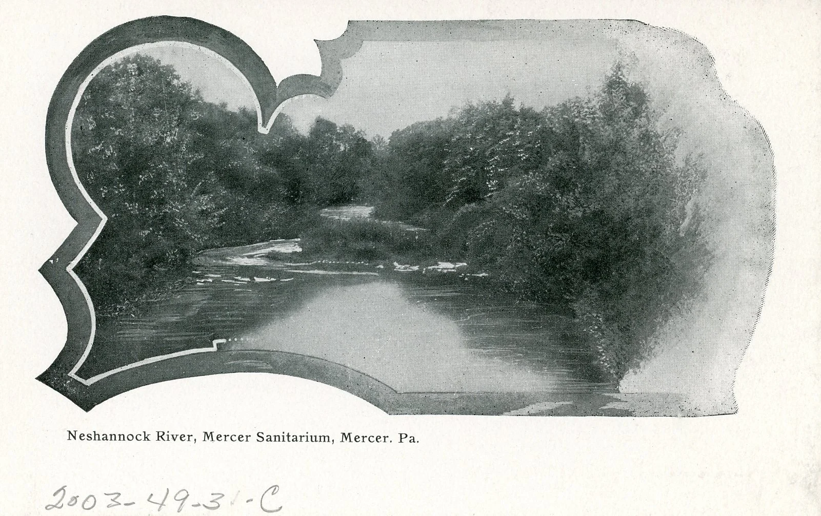 Black and white photograph of Neshannock River near Mercer Sanitarium in Mercer, Pennsylvania, with trees lining the riverbanks and a small boat or canoe on the water.