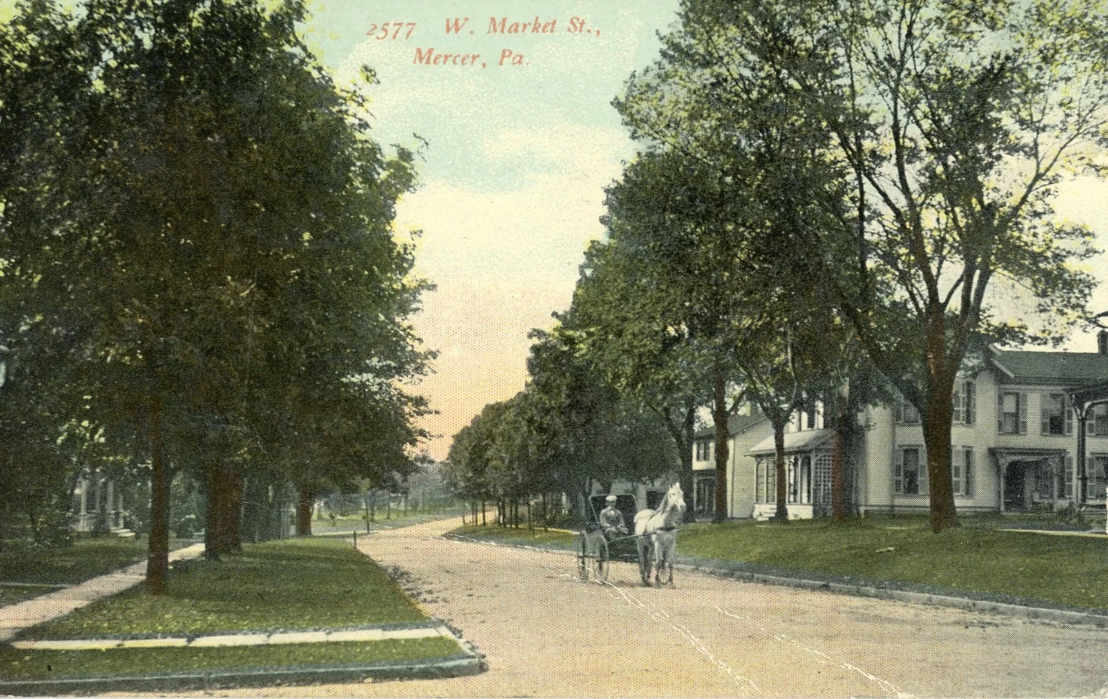 A vintage postcard of W. Market Street in Mercer, Pennsylvania, showing a tree-lined street with two men on horseback and residential buildings in the background.