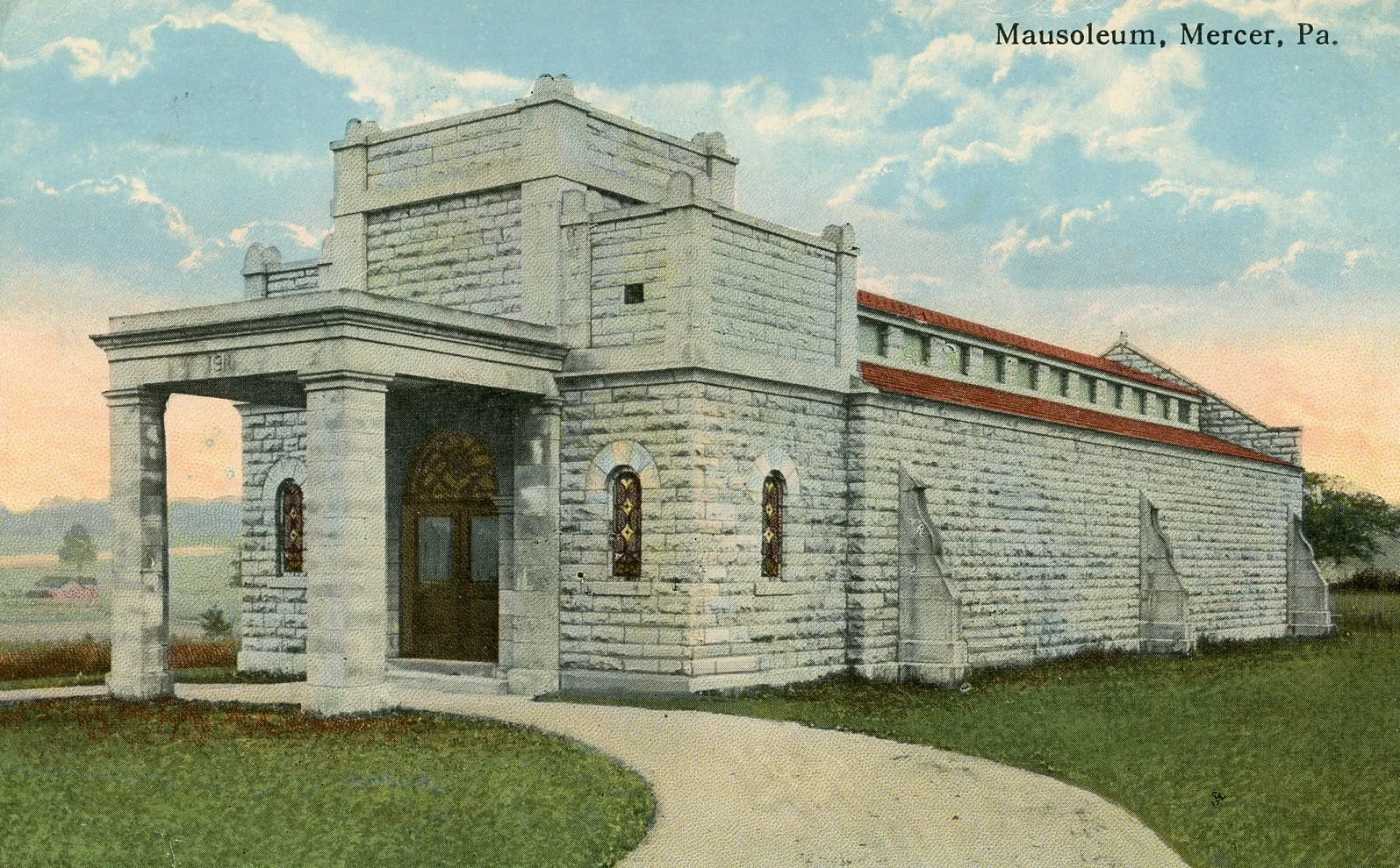 Colorized vintage postcard of the Mausoleum at Mercer, Pennsylvania, showing a large stone structure with arched windows and a pathway leading to the entrance.