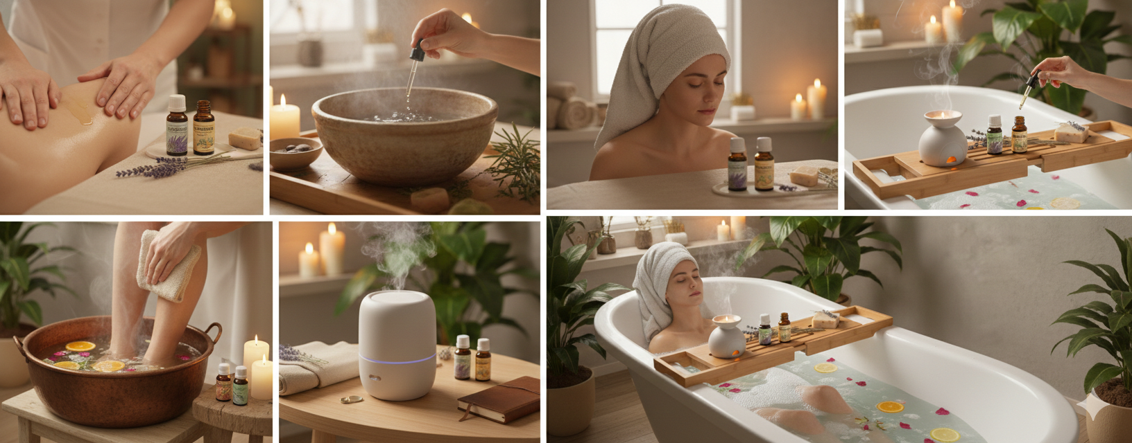A woman is enjoying a relaxing spa bath with aromatic herbs, essential oils, and candles in a cozy, well-lit bathroom, surrounded by plants and candles for ambiance.