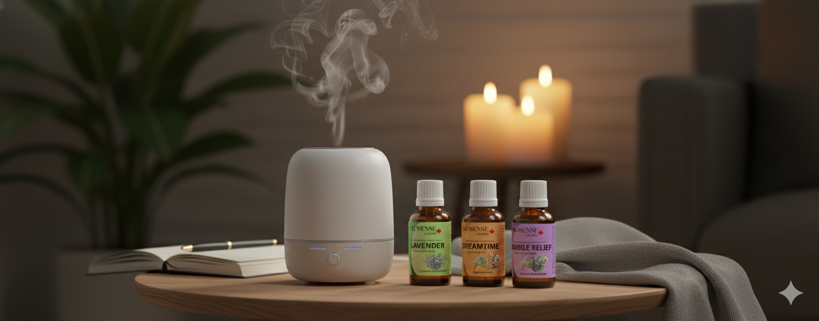 A wooden table with an open book, a white diffuser emitting vapor, three bottles of essential oils labeled Lavender, Dreamtime, and Muscle Relief, a gray cloth, in a cozy room with candles and a plant in the background.