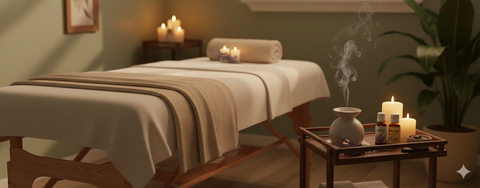 A massage table in a spa room with lit candles and essential oil bottles, with a diffuser emitting steam nearby.