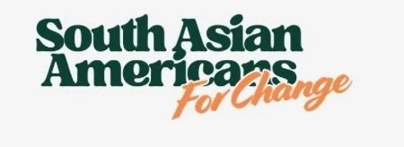 Text logo reading 'South Asian Americans for Change' with 'South Asian Americans' in dark green and 'for Change' in orange.