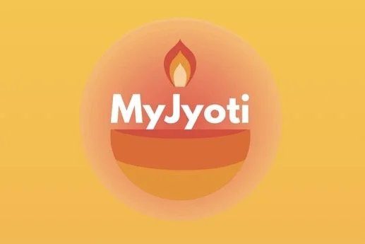 My Jyoti logo with a flame symbol above the text on an orange background.