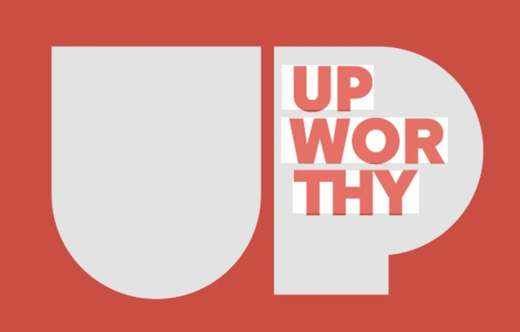 Graphic design with large stylized letter U on the left, and the words "UP WORTHY" stacked on the right with a red and white color scheme.