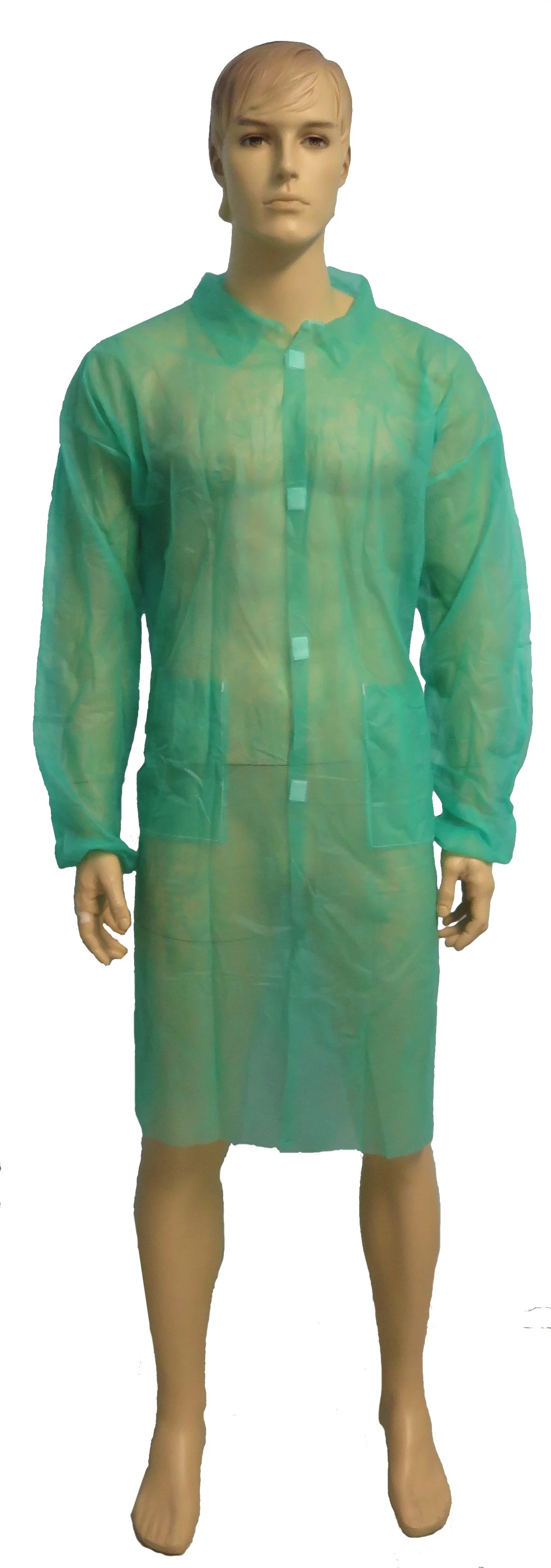 A mannequin dressed in a disposable medical gown and gloves, with a beige-colored mannequin head and painted face.