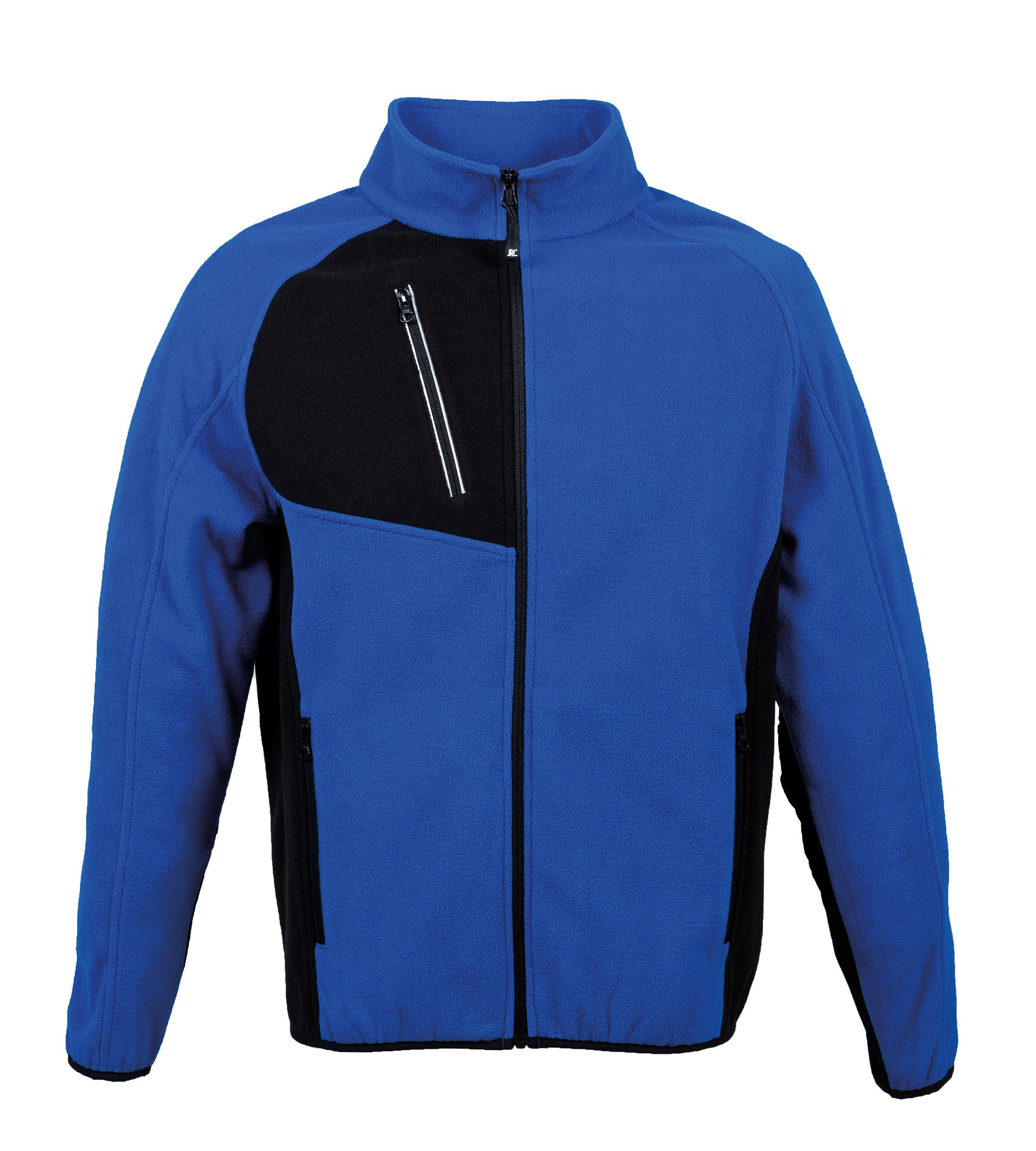 Blue and black outdoor jacket with a high collar and multiple zippered pockets.