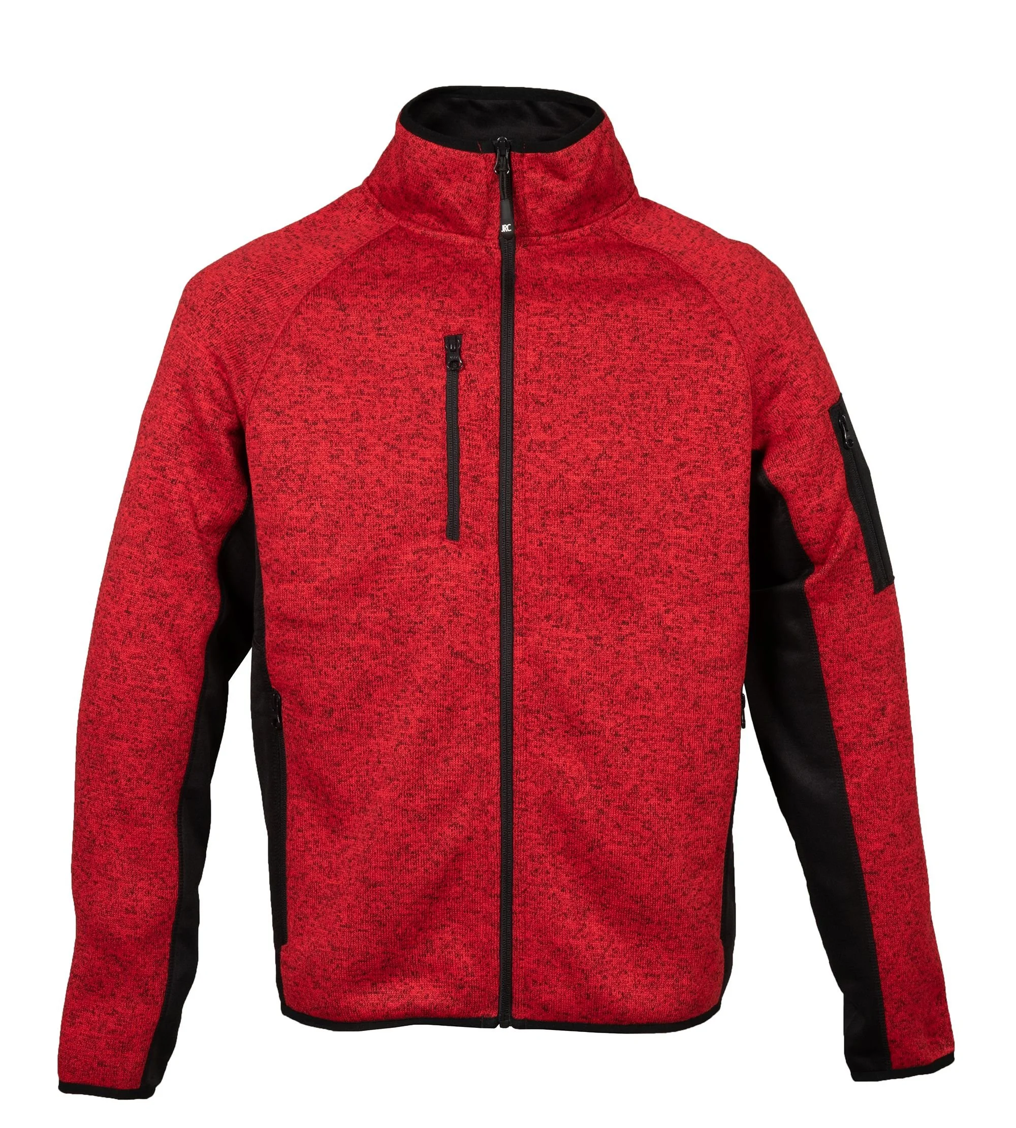 Red and black zip-up jacket with high collar and multiple zipper pockets.