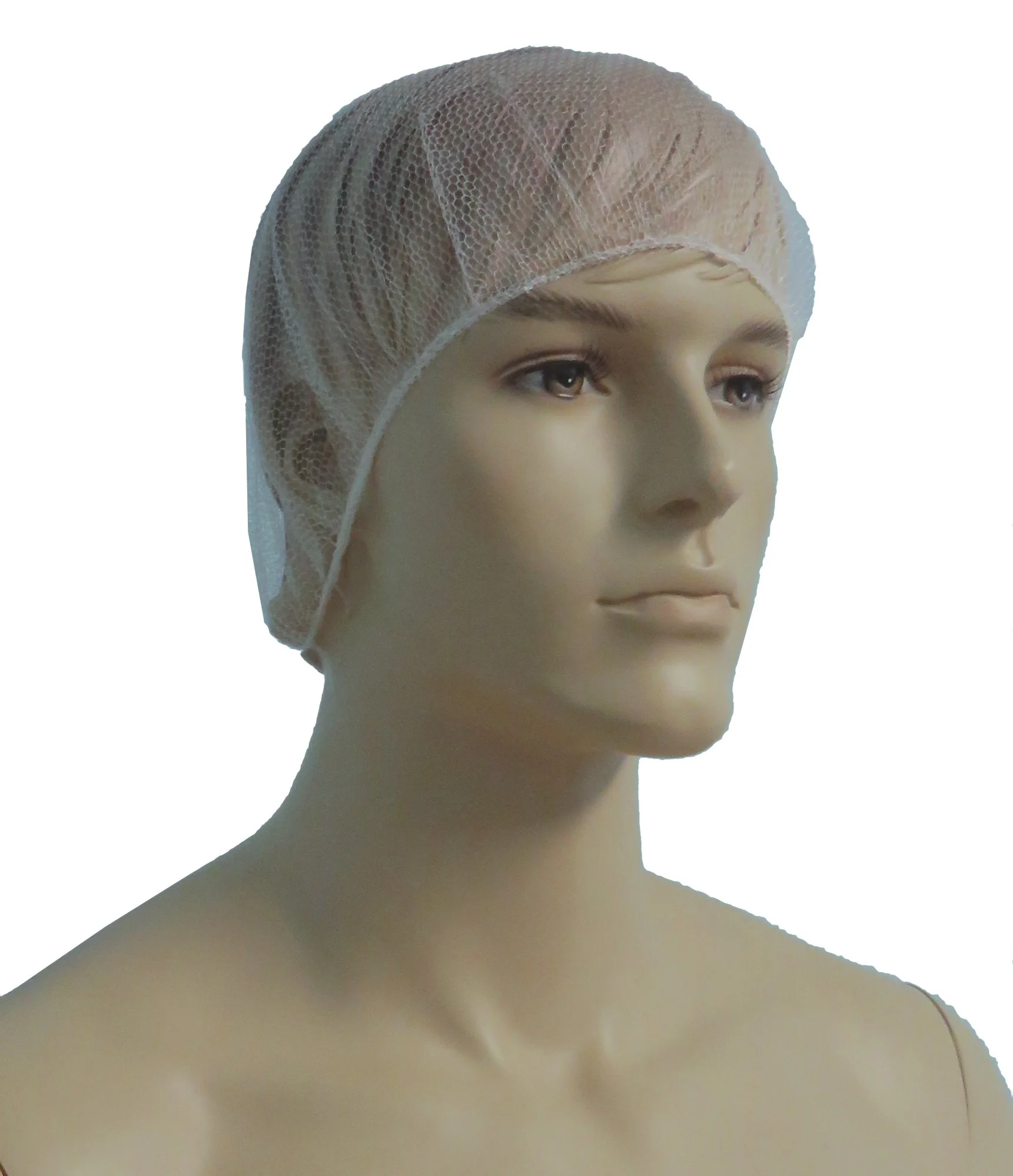 Mannequin head wearing a disposable hair net against a white background.